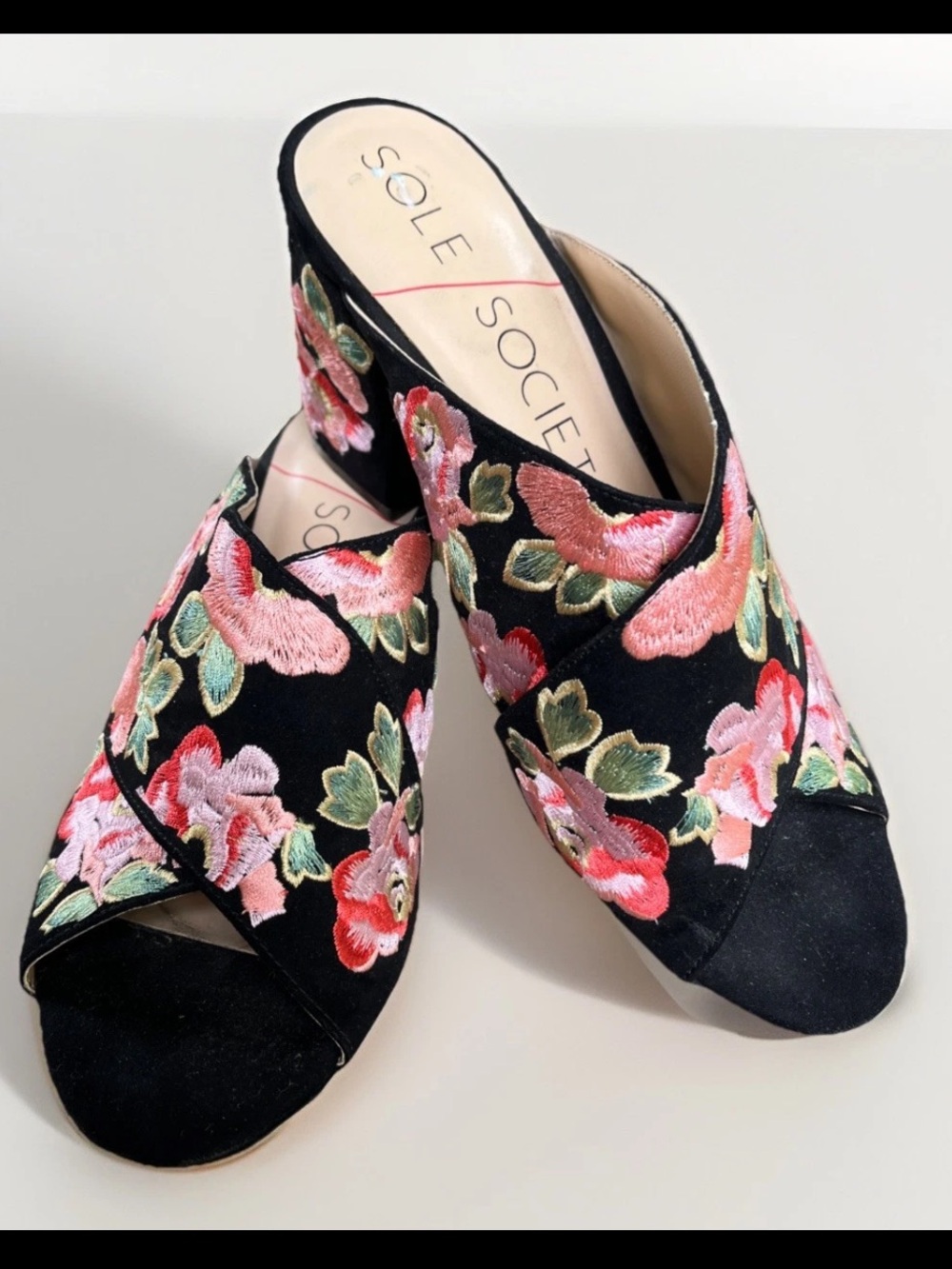 Sole Society Black Floral Embroidered Open-Toe Mules 8M